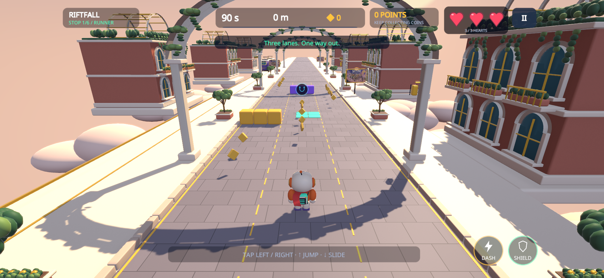 Pip running through the three-lane sky city